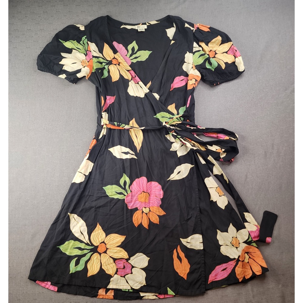 Billabong Black Floral Wrap Mini Dress Short Puff Sleeve V-Neck Medium Boho